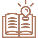 Brown outline clip art of a book with a light bulb above it.